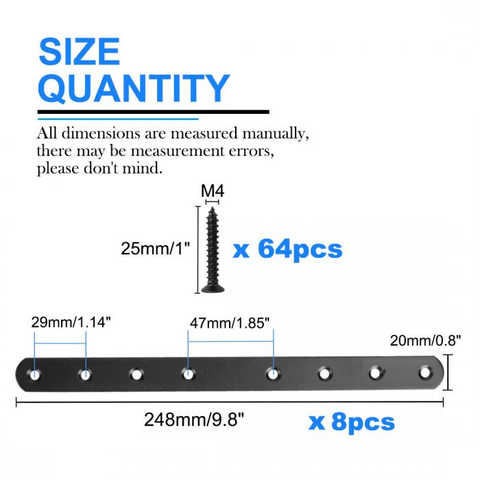 uxcell ストレートブラケット ステンレス鋼 フラットブレースコーナーファスナー ネジ付き フラットストレートコーナーブレース ジョイント補修プレートブラケット用 ブラックカラー 248x20 mm 8個 3
