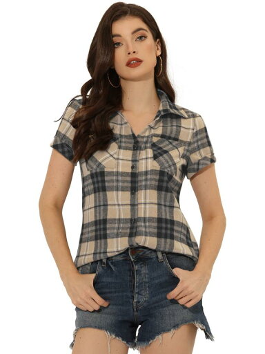 Allegra K 赤チェックシャツ 半袖 フランネル レディース ボタンダウン カジュアル 夏 カーキブラック XS Allegra K 赤チェックシャツ 半袖 フランネル レディース ボタンダウン カジュアル 夏 カーキブラック XS
