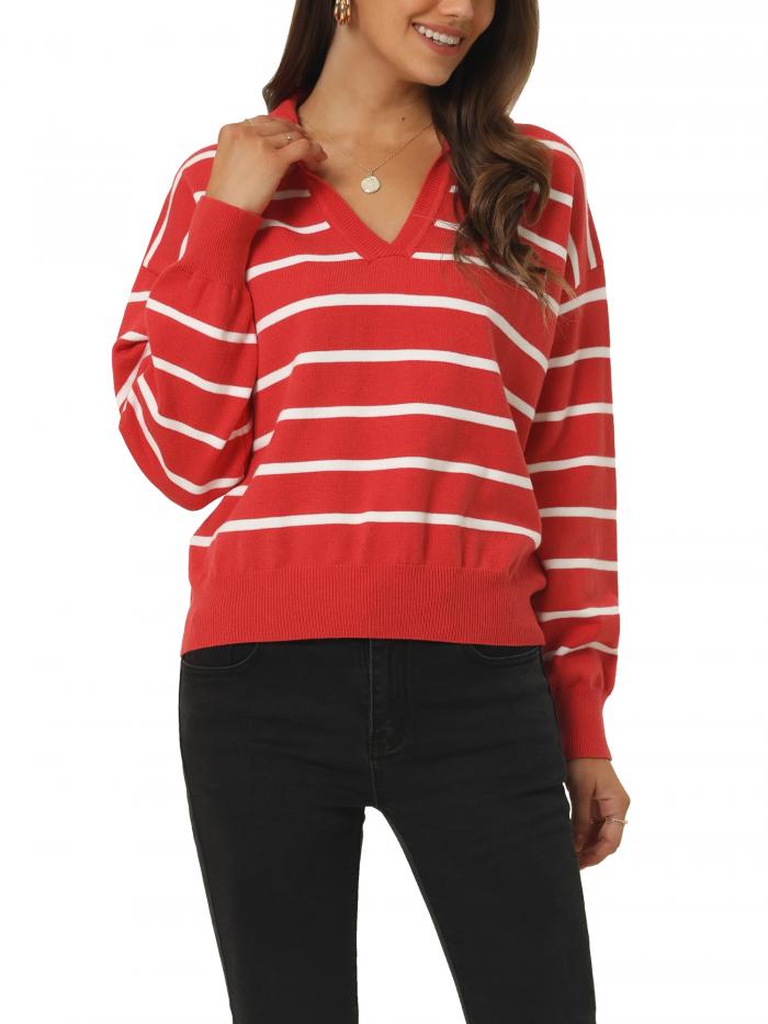 Seta T 秋冬 ストライプ プルオーバー セーター ポロ Vネックカラーブロック 長袖 ニット ジャンパー トップ レディース レッド XL