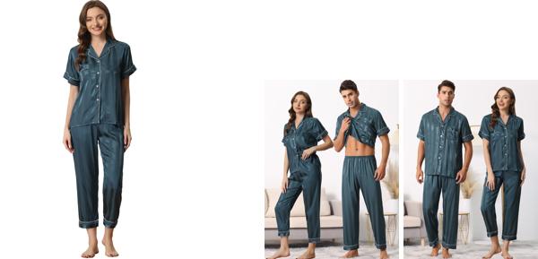 cheibear ストライプ サテンパジャマセット ボタンダウン 半袖 長ズボン 夏 部屋着 ソフト レディース ブルー XS