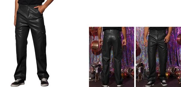 Lars Amadeus パンツ フェイクレザー レトロ スリムフィット ヒップホップ オートバイ カーゴ パンク メンズ ブラック 32