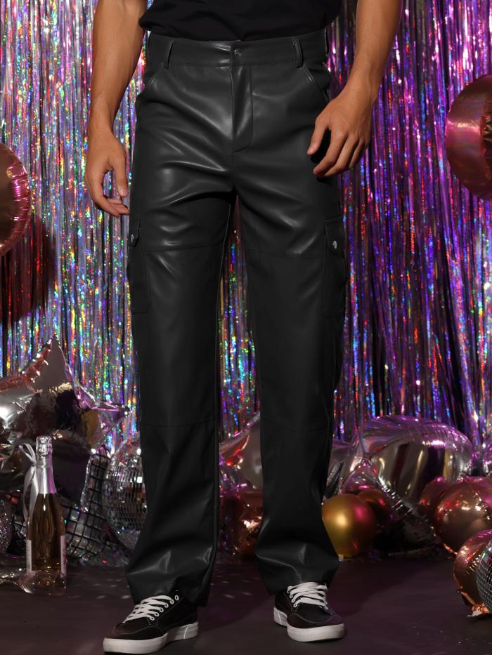 Lars Amadeus パンツ フェイクレザー レトロ スリムフィット ヒップホップ オートバイ カーゴ パンク メンズ ブラック 32