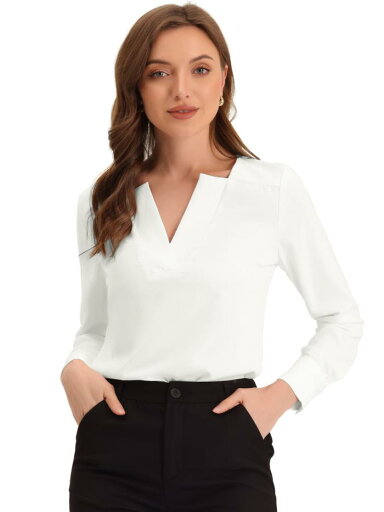 Allegra K ブラウス 長袖トップス Vネック 通勤 オフィス レディース ホワイト XL Allegra K ブラウス 長袖トップス Vネック 通勤 オフィス レディース ホワイト XL