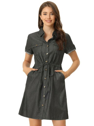 Allegra K シャツワンピース ドレス ワンピース ドレス カジュアル ボタン留め 夏 半袖 シンプル レディースファッション ブラック L Allegra K シャツワンピース ドレス ワンピース ドレス カジュアル ボタン留め 夏 半袖 シンプル レディースファッション ブラック L