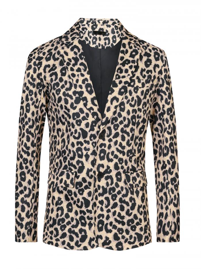 Lars Amadeus ブレザー メンズ ジャケット ヒョウ柄 長袖 ノッチドラペル スリム カジュアル ベージュブラウン XL