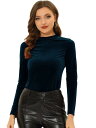 Allegra K 長袖Tシャツ 無地 トップス ブラウス スタンドカラー バックキーホール リブ編みニット ベルベット レディース ネイビーブルー M