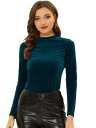 Allegra K 長袖Tシャツ 無地 トップス ブラウス スタンドカラー バックキーホール リブ編みニット ベルベット レディース ピーコックブルー XS