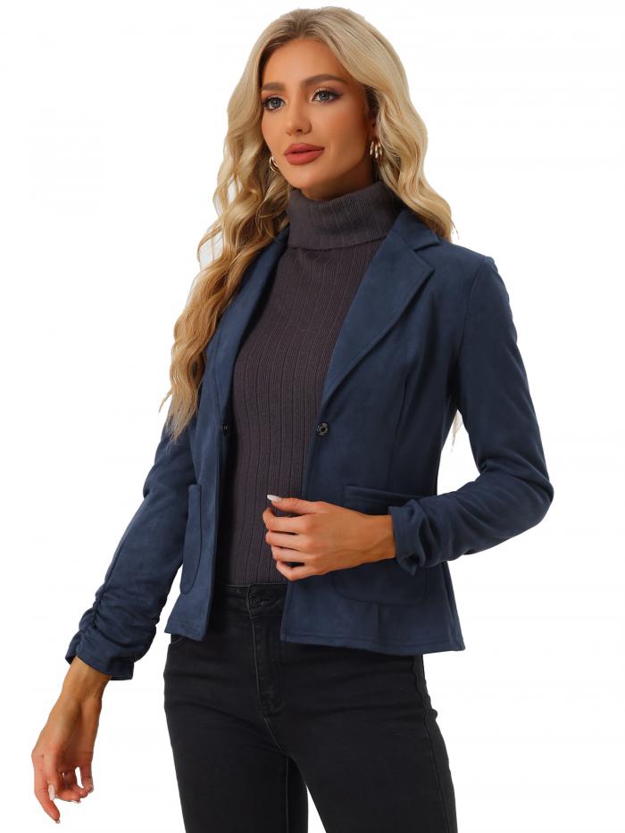 Allegra K ブレザースーツ フェイクスエード 長袖 オープンフロント ドローストリング カジュアル レディース ダークブルー XL