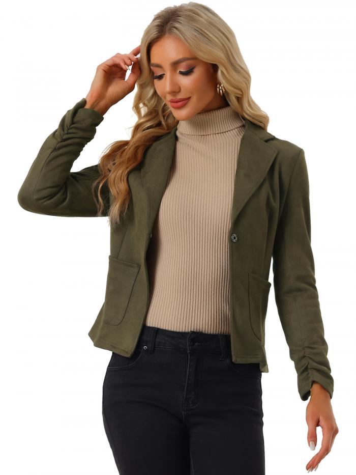 Allegra K ブレザースーツ フェイクスエード 長袖 オープンフロント ドローストリング カジュアル レディース オリーブグリーン XL