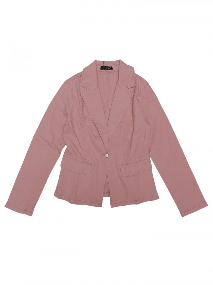 Allegra K ウォッシュド デニム ブレザー ジャケット ノッチ付きラペル ボタンアップ 長袖 レディース ピンク L