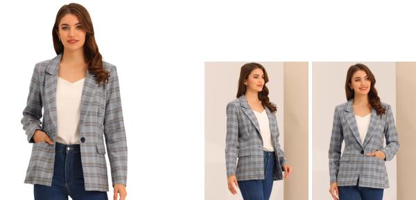 Allegra K ジャケット ブレザー 長袖 千鳥格子 ワンボタン ノッチドラペル レディース グレーブルー M
