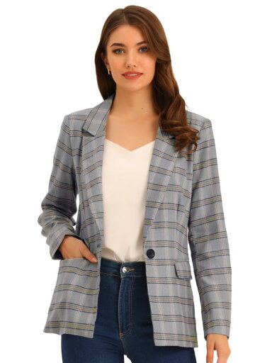 Allegra K ジャケット ブレザー 長袖 千鳥格子 ワンボタン ノッチドラペル レディース グレーブルー L Allegra K ジャケット ブレザー 長袖 千鳥格子 ワンボタン ノッチドラペル レディース グレーブルー L