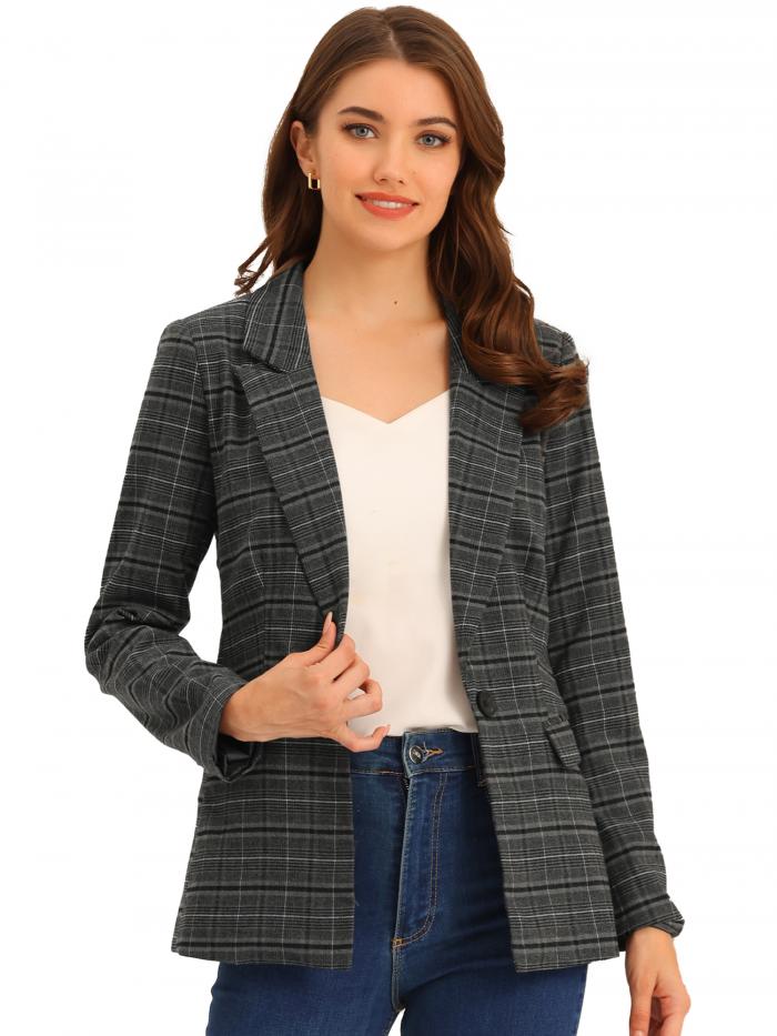 Allegra K ジャケット ブレザー 長袖 千鳥格子 ワンボタン ノッチドラペル レディース グレーブラック XS