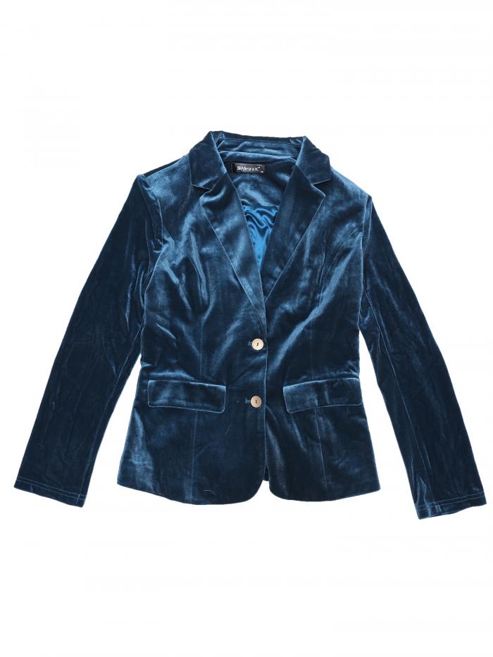 Allegra K ベルベットブレザージャケット オフィス ヴィンテージ ノッチラペル ボタンフロント レディース ダークブルーグレー S