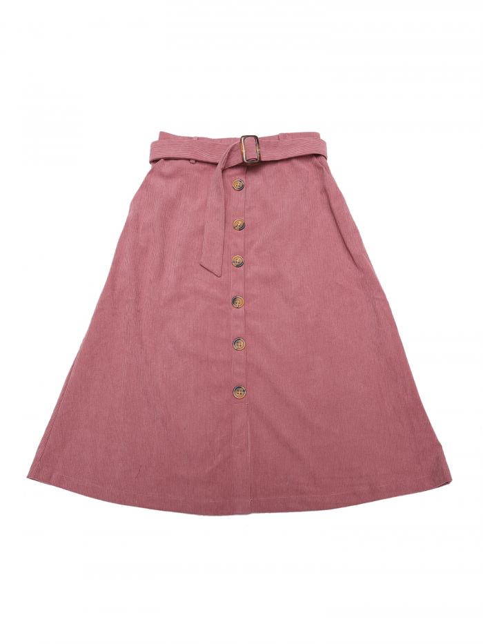 Allegra K コーデュロイスカート Aライン ミディスカート ひざ丈 ハイウエスト ボタンフロント ベルト付き レディース ピンク L