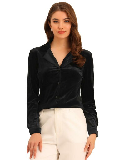 Allegra K シャツ トップス V ネック長袖 ボタン ダウン レトロ ベルベット レディース ブラック XL Allegra K シャツ トップス V ネック長袖 ボタン ダウン レトロ ベルベット レディース ブラック XL