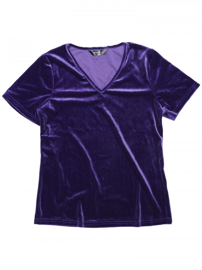 Allegra K ベルベットトップ カジュアルTシャツ Vネック 半袖カットソー レディース パープル M