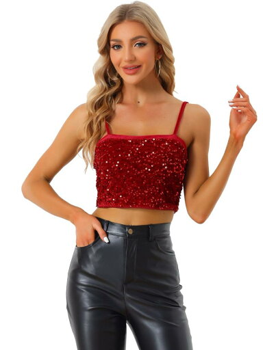 Allegra K クロップキャミトップ キャミソール ベルベット グリッター スパンコール クラブ レディース レッド S Allegra K クロップキャミトップ キャミソール ベルベット グリッター スパンコール クラブ レディース レッド S