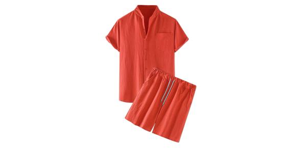 Lars Amadeus リネン シャツ ショーツ 上下セット バンドカラー ボタンダウン 半袖 ソリッド ビーチ メンズ ブリックレッド M