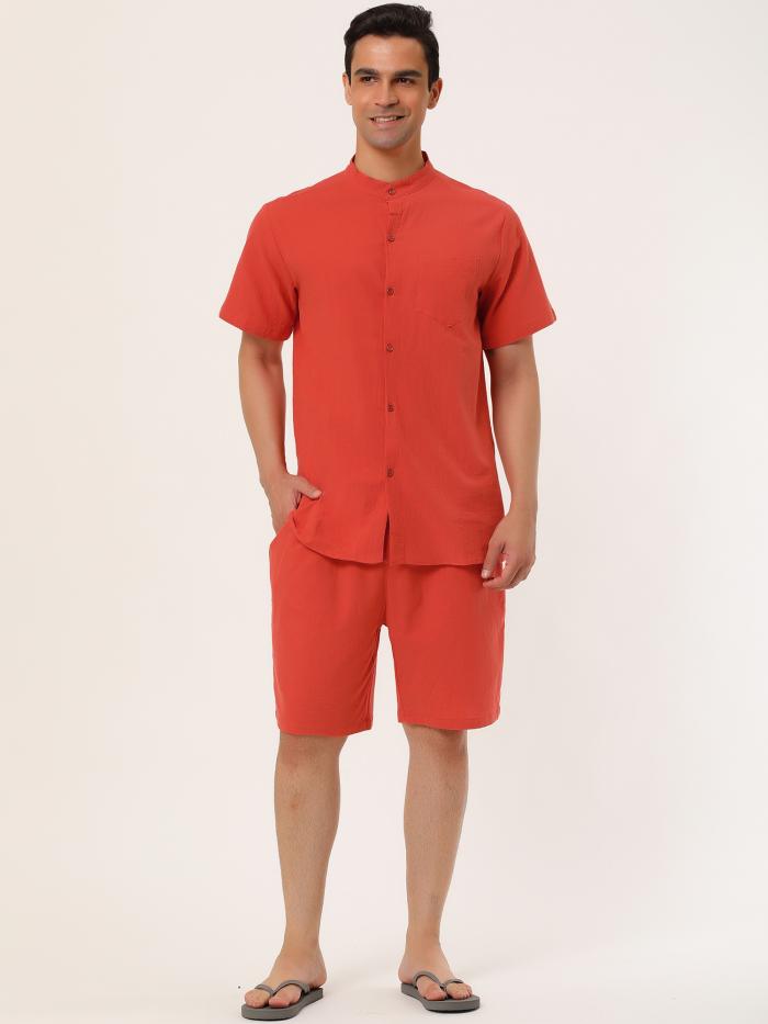 Lars Amadeus リネン シャツ ショーツ 上下セット バンドカラー ボタンダウン 半袖 ソリッド ビーチ メンズ ブリックレッド M