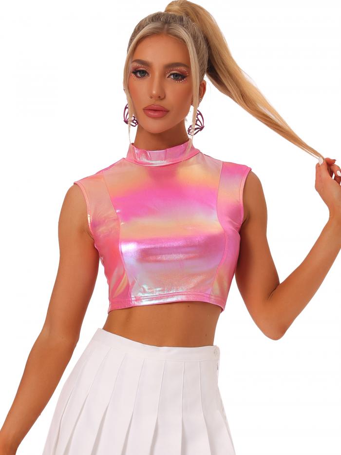 Allegra K ノースリーブトップス クロップ キャミソール シャイニー ベスト メタリック パーティー レディース ホットピンク XL