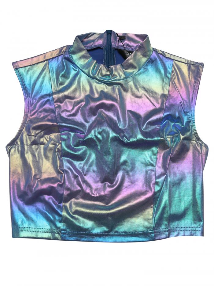 Allegra K ノースリーブトップス クロップ キャミソール シャイニー ベスト メタリック パーティー レディース ブルーシルバー M