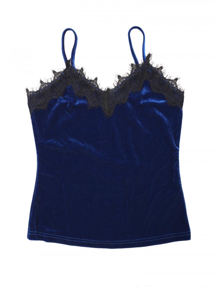 Allegra K ベルベットキャミソール レーストリム キャミトップ ノースリーブ 袖なし レディース ロイヤルブルー XS