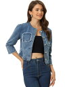 Allegra K ジーンズジャケット デニムコート カジュアル クロップ ラウンドネック 七分袖 ボタン レディース ブルー XS(4)