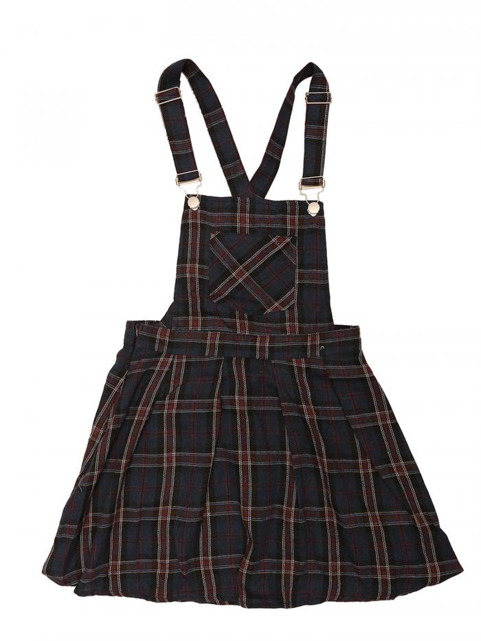 Allegra K チェック柄 サスペンダースカート ピナフォア オーバーオール 調節可能なストラップ レディース ダークブルー M