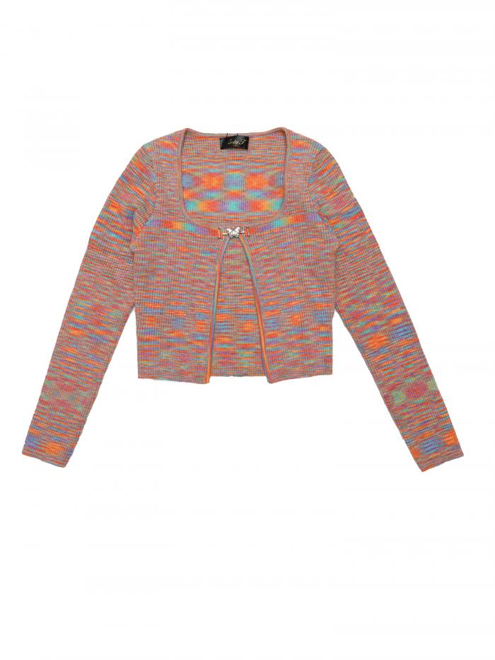 Seta T 長袖ボレロ オープンフロント ストライプニット バタフライバックル クロップ セーター カーデ..