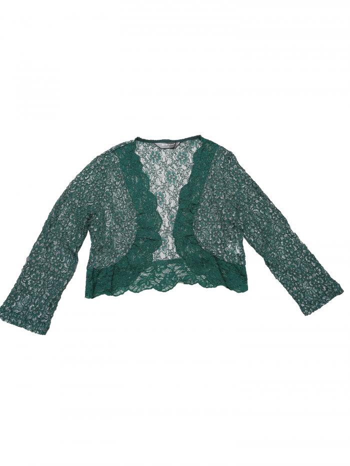 Allegra K レースボレロ ショート丈 カーディガン 七分袖 総レース シュラグ トップス シアー 結婚式 パーティー レディース ダークグリーン M