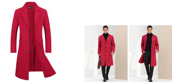 Lars Amadeus ロングトレンチコート ウィンター ピーコート シングルブレストジャケット ノッチラペル メンズ ブルゴーニュ M