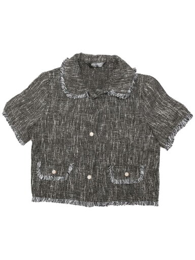 Allegra K ツイードシャツ 半袖トップス タッセル付き 七分丈 春 レディース ブラック S Allegra K ツイードシャツ 半袖トップス タッセル付き 七分丈 春 レディース ブラック S