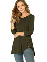 Allegra K チュニック トップス ロングtシャツ ボタン飾り カジュアル ストレッチ 七分袖 レディース アーミーグリーン XS