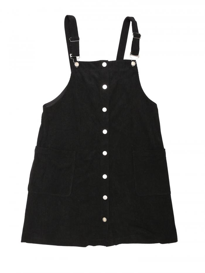 Allegra K カジュアルワンピース 無地ドレス ダウンピナフォア ストラップ Aライン ポケット付き 調節可能 コーデュロイ ボタン レディース ブラック XL