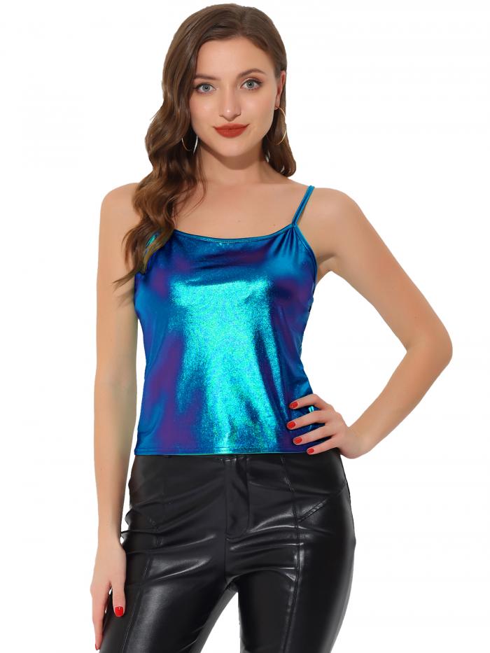 Allegra K キャミソール タンクトップ 光沢 ベスト ノースリーブ ダンス 衣装 パーティー メタリック シャツ レディース ブルー M
