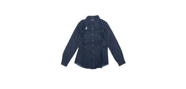 Allegra K デニムシャツ ジーンズブラウス 長袖 トップス ポイントカラー 生裾 リラックスフィット レディース ブラックブルー XL