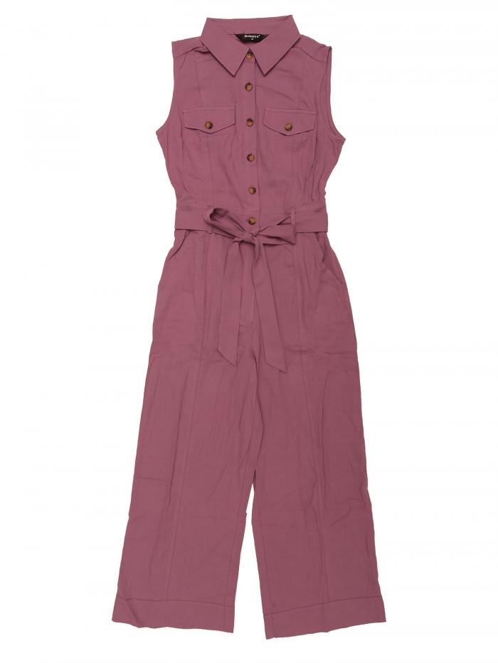 Allegra K ジャンプスーツ ノースリーブ 足首ネクタイウエスト 作業服 ボタンフロント レディース パープル M