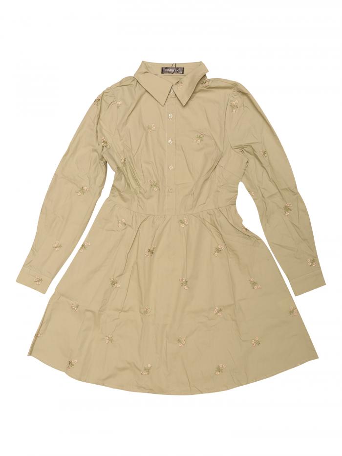 Allegra K ボタンシャツドレス 刺?花柄 ターンダウンカラー 長袖 レギュラーフィット レディース ライトグリーン XS