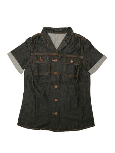 Allegra K ボタンアップ シャツ デニム シャツ 襟付き 半袖 胸ポケット レディース ブラック S Allegra K ボタンアップ シャツ デニム シャツ 襟付き 半袖 胸ポケット レディース ブラック S