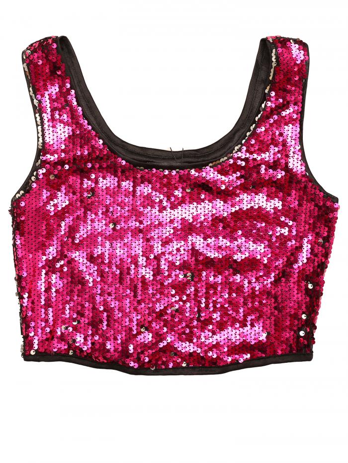 Allegra K クリスマス クロップタンクトップ 衣装 ノースリーブ クラブウェア メタリック スパンコール ラウンドネック レディース ローズレッド L