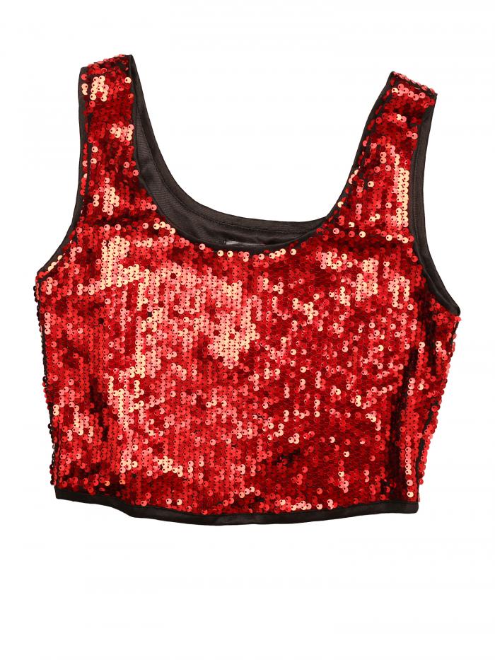 Allegra K クリスマス クロップタンクトップ 衣装 ノースリーブ クラブウェア メタリック スパンコール ラウンドネック レディース レッド XS