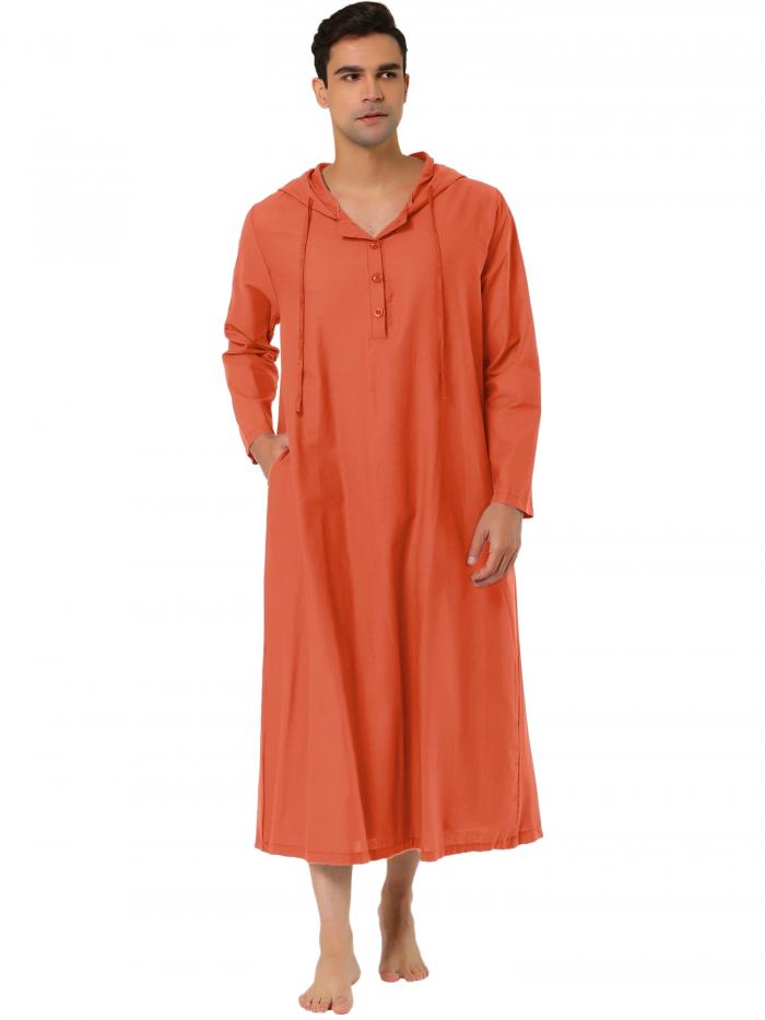 Lars Amadeus パジャマ ロングスリープシャツ ナイトシャツ ラウンジウェア ナイトガウン フード付き メンズ オレンジレッド L