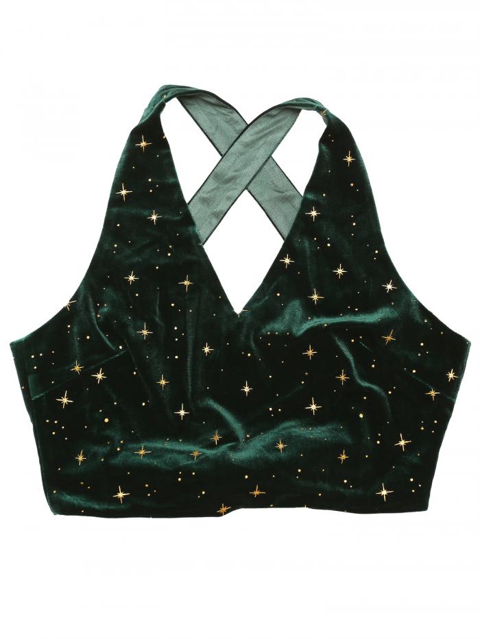 Allegra K タンクトップ クロップド キャミソール パーティー ブラウス ノースリーブ クロスバック セクシー ベルベット レディース ダークグリーン XS