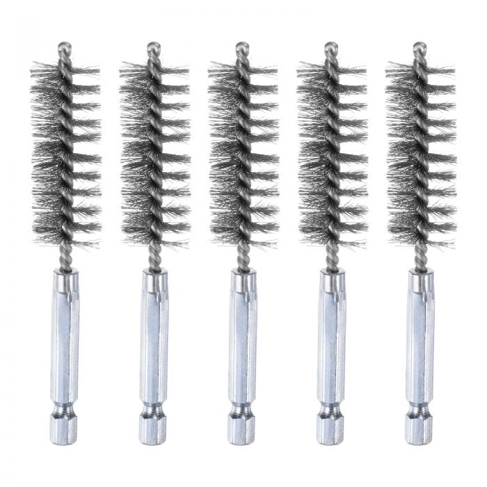 uxcell 5個入り 304 ステンレス鋼ボアブラシ 17mm直径　10cm長さ　ハンドル付き清掃用ツイストワイヤーブラシ　6.35mm六角シャンク　チューブポートベアリング用