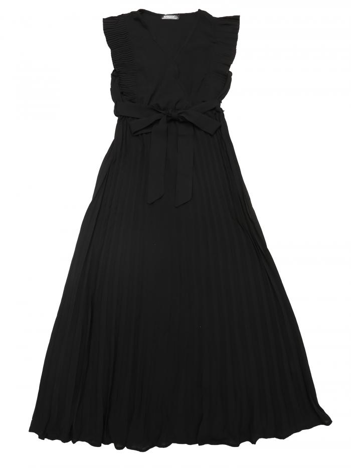 Allegra K レディース ミディドレス ラップ Vネック ノースリーブ プリーツドレス ブラック S