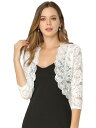 Allegra K レースボレロ 総レース シアー 花柄 シュラグ トップス 七分袖 前開き エレガント レディース ホワイト 2XL(4)