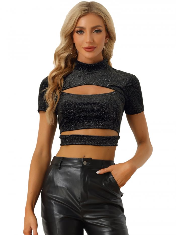 Allegra K ブラウス カットアウト クロップトップス スパークル モックネック 半袖 セクシー ベルベット レディース ブラック M