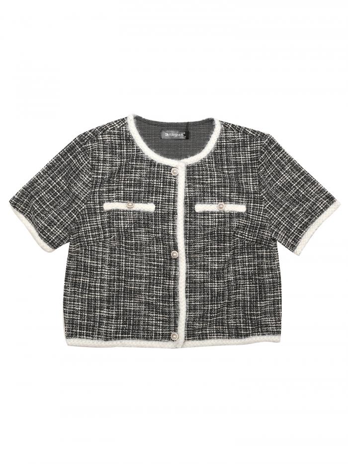 Allegra K レディース クルーネック 半袖 クロップド丈 カジュアル カーディガン ジャケット ツイード ニット ジャケット ブラック XS