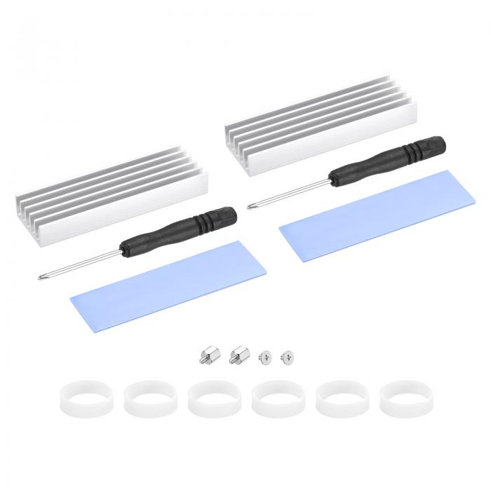 uxcell M.2 SSDヒートシンククーラー 合金アルミニウムヒートシンク 取り付けネジ付き ドライバーキット付き 1 mmサーマルパッド ラップトップ用 70*22*10 mm シルバートーン 2個